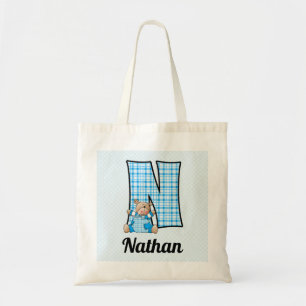 Boy's Monogram N with a Blue Teddy Bear Tote Bag
