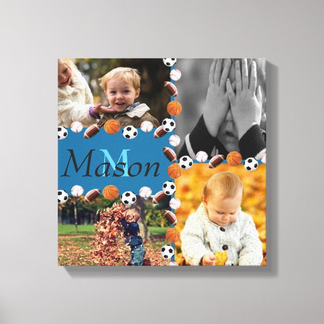 Boys Monogram Photo Sports Collage Canvas Print (Front)