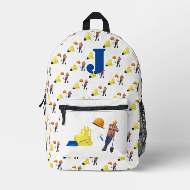 Boys' Monogrammed Construction Themed Printed Backpack (Front)
