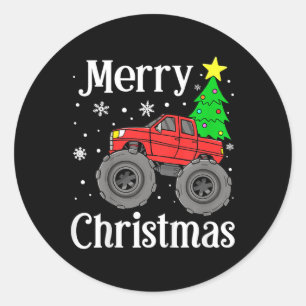 Boys Monster Truck Merry Christmas Tree Snowflakes Classic Round Sticker