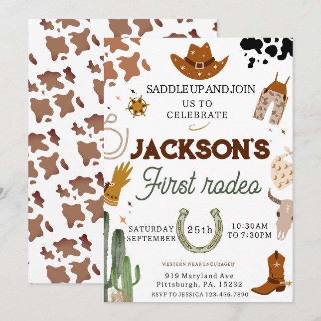 Boys My First Rodeo Cowboy 1st Birthday Invitation (Front/Back)