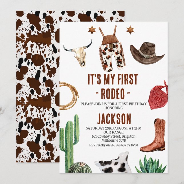 Boys My First Rodeo Cowboy 1st Birthday Invitation (Front/Back)