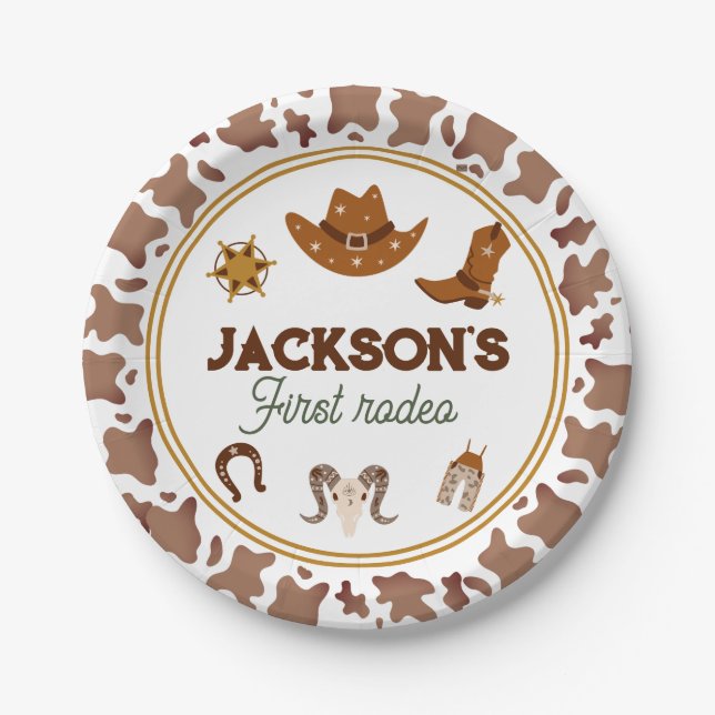 Boys My First Rodeo Cowboy 1st Birthday Paper Plate (Front)