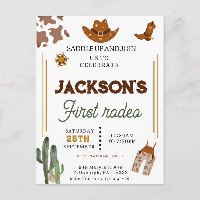 Boys My First Rodeo Cowboy 1st Birthday Postcard (Front)