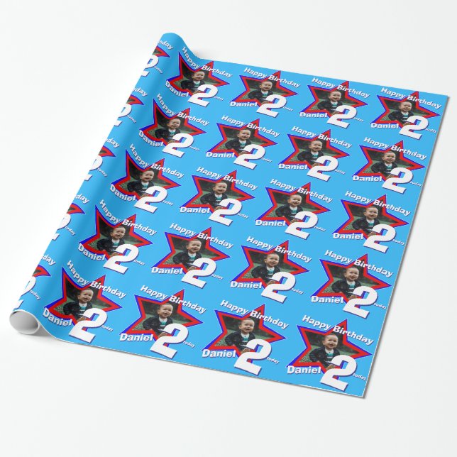 Boys name age 2 add your photo star pattern wrapping paper (Unrolled)