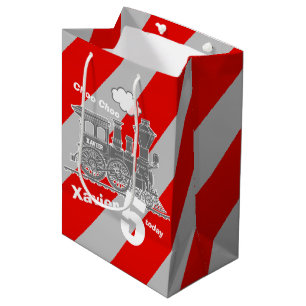 Boys name age train loco grey 5th birthday medium gift bag