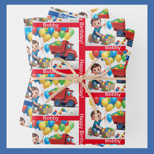 Boy's NAME Birthday Dump Truck Balloons Wrapping Paper Sheet