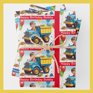 Boy's NAME Birthday Dump Truck Full of Gifts Wrapping Paper Sheet