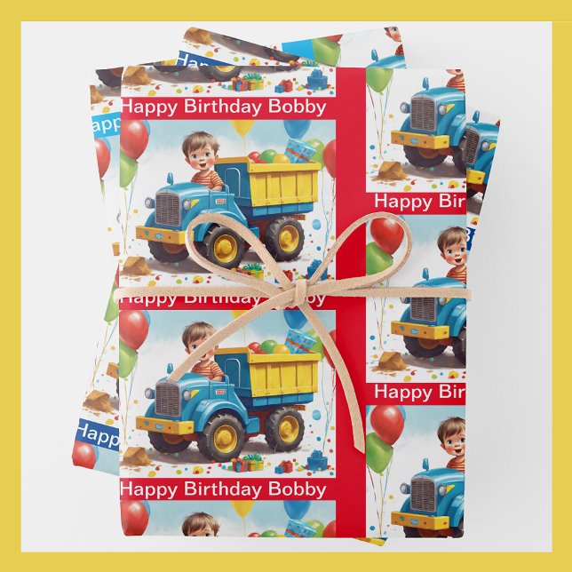 Boy's NAME Birthday Dump Truck Full of Gifts Wrapping Paper Sheet (Creator Uploaded)