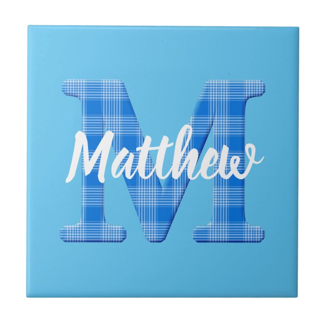 Boys Name Custom Plaid Letter M Tile (Front)