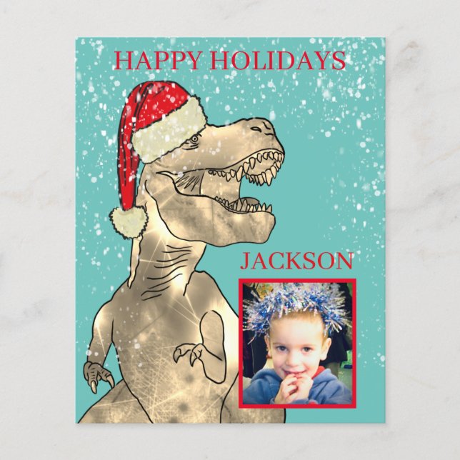 Boys Name T-Rex Santa Dinosaur Christmas Photo (Front)