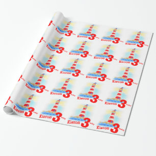 Boys named painted lighthouse 3rd birthday wrap wrapping paper