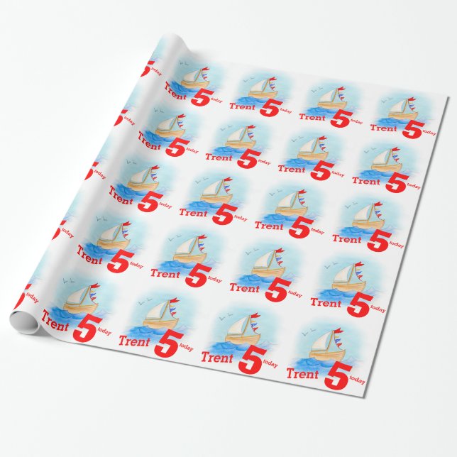 Boys named painted sail boat 5th birthday wrap wrapping paper (Unrolled)