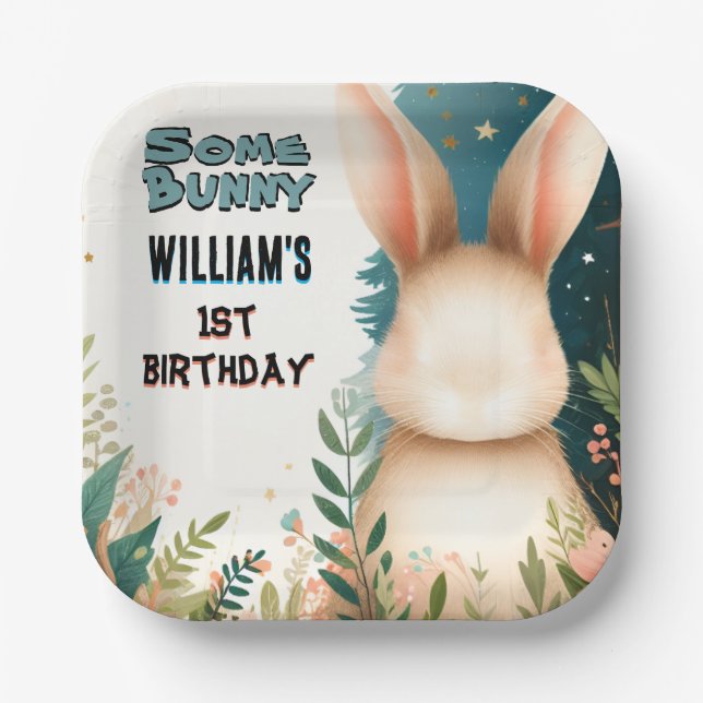 Boys Nature Some Bunny Is Turning One 1st Birthday Paper Plate (Front)