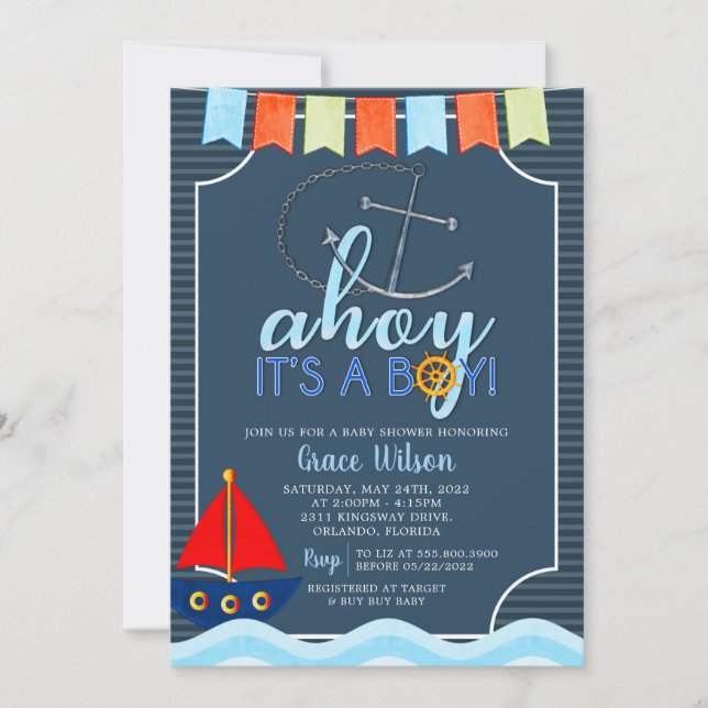 Boys Nautical Anchor Boat Baby Shower Invitation (Front)