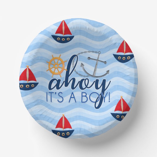 Boys Nautical Anchor Boat Baby Shower Paper Plate (Front)