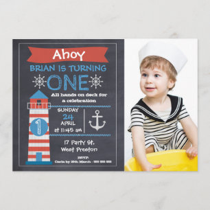 Boys Nautical Lighthouse Photo Birthday Invitation