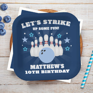 Boy's Navy Blue Bowling Birthday Party Paper Plate