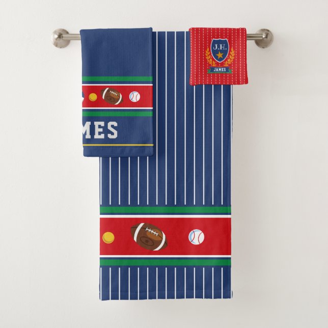 Boys Navy Multi Sport Bathroom Towel Set (Insitu)