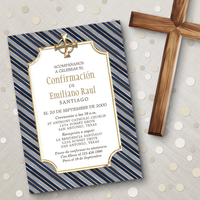 Boys' Navy Stripes Spanish Confirmation Invitation (Creator Uploaded)