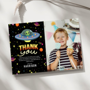 Boys Neon Space UFO Birthday Photo Thank You Card