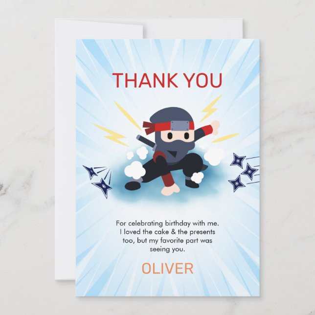 Boys Ninja Warrior Birthday Party Thank You cards  (Front)