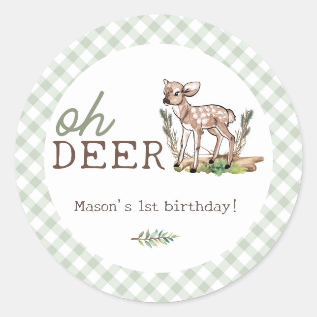 Boy's Oh Deer Woodland Baby Deer Birthday Classic Round Sticker (Front)
