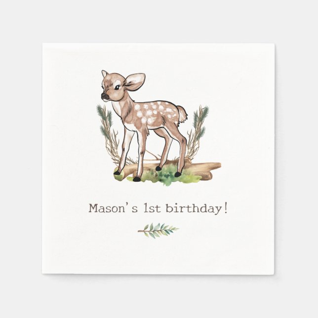 Boy's Oh Deer Woodland Baby Deer Birthday Napkin (Front)
