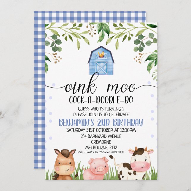 Boys Oink Moo Farm Animals Birthday Invitation (Front/Back)