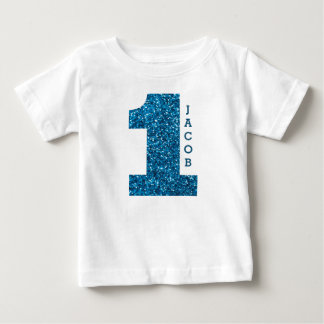 Boys One First Birthday Blue Glitter Baby T-Shirt