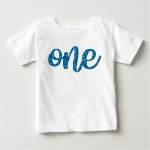 Boys One First Birthday Blue Glitter Baby T-Shirt