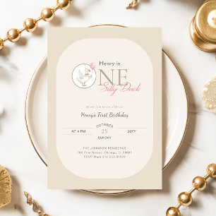 Boys One Silly Duck Pink Bow First Birthday Invitation