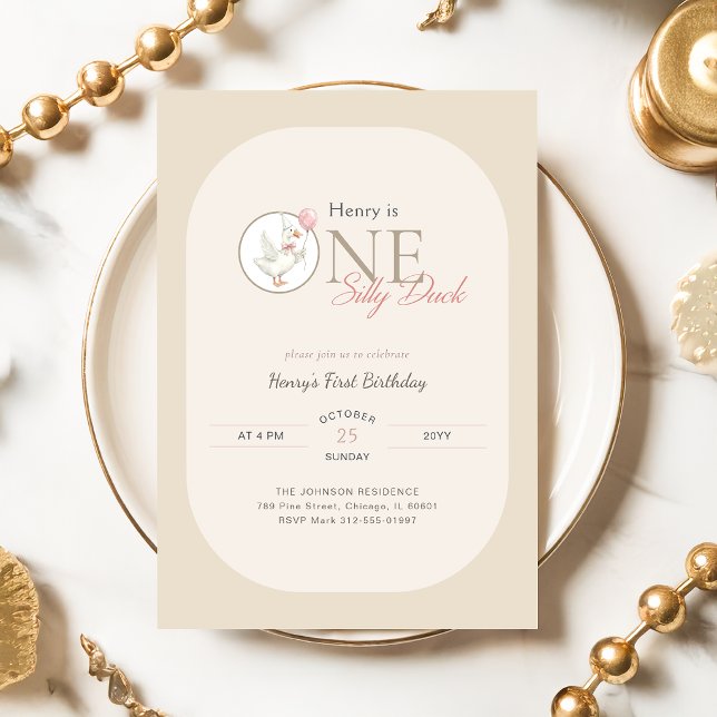 Boys One Silly Duck Pink Bow First Birthday Invitation (Creator Uploaded)