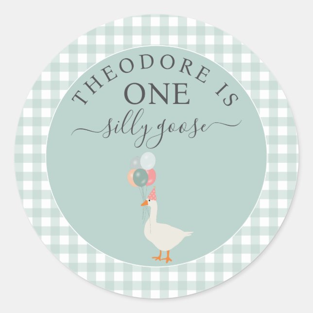 Boy's One Silly Goose 1st Birthday Party Classic Round Sticker (Front)