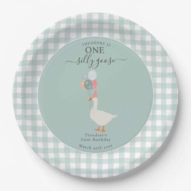 Boy's One Silly Goose 1st Birthday Party Paper Plate (Front)