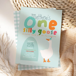 Boys One Silly Goose Blue First Birthday Invitation