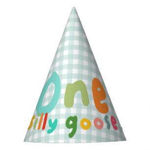 Boys One Silly Goose Blue Gingham 1st Birthday Party Hat