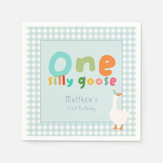 Boys One Silly Goose Blue Gingham Napkin (Front)