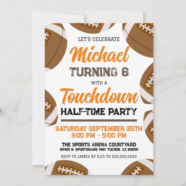 Boys Orange Brown Football Team Birthday Party Invitation (Front)