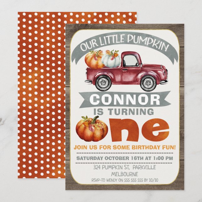 Boys Our Little Pumpkin 1st Birthday Invitation (Front/Back)