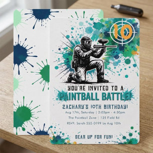 Boys Paintball Battle Teal Blue Splatter Birthday Invitation