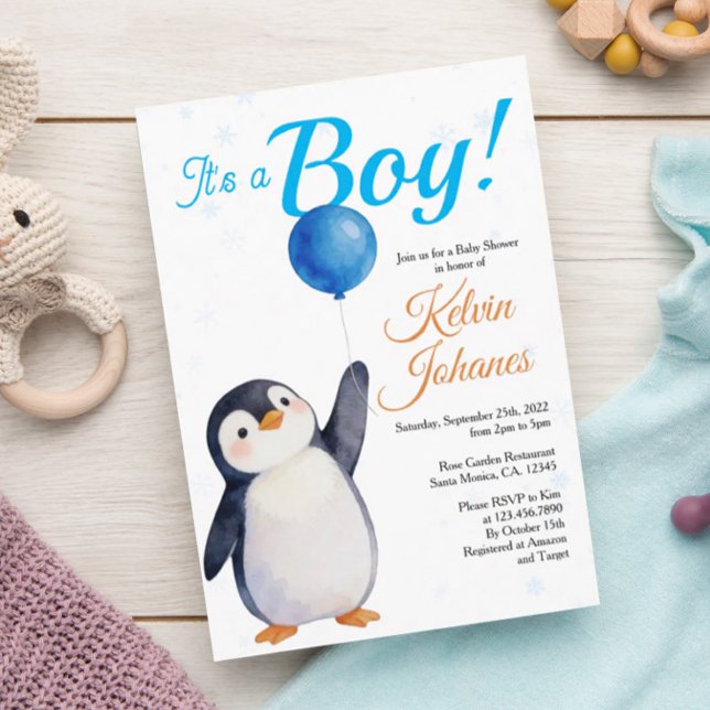 Boy's Penguin Blue Baloon Watercolor Baby Shower  Invitation (Creator Uploaded)