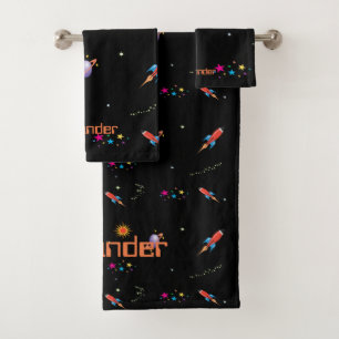 Boys Personal Name Space Rocket Bath Towel Set