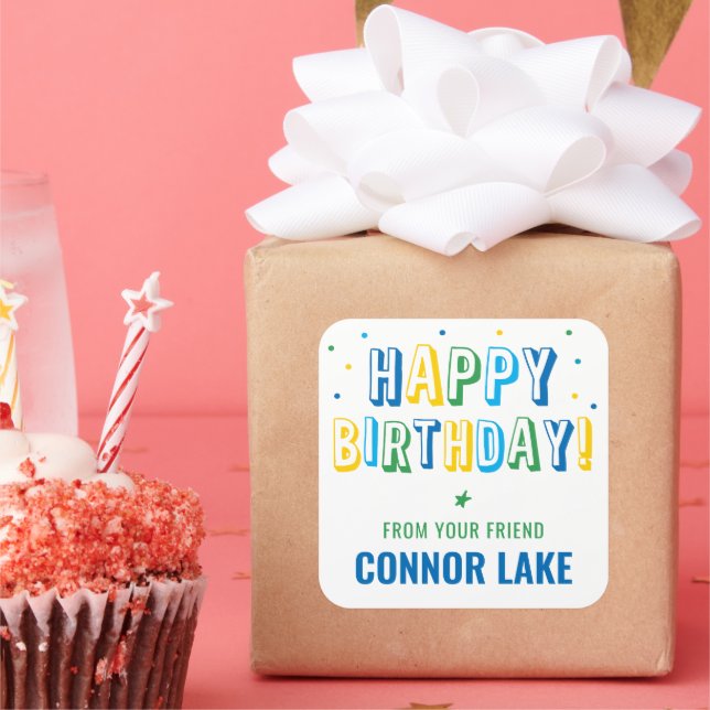 Boys Personalised Confetti Happy Birthday Square Sticker (Party)