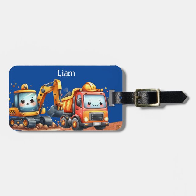 Boy's Personalised Construction trucks Luggage Tag (Front Horizontal)