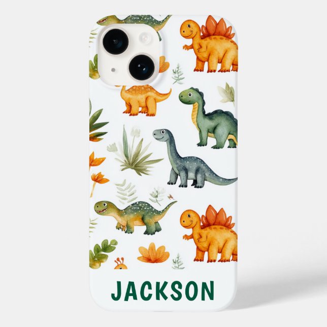 Boys Personalised Cute Dinosaur iphone 14 Case (Back)