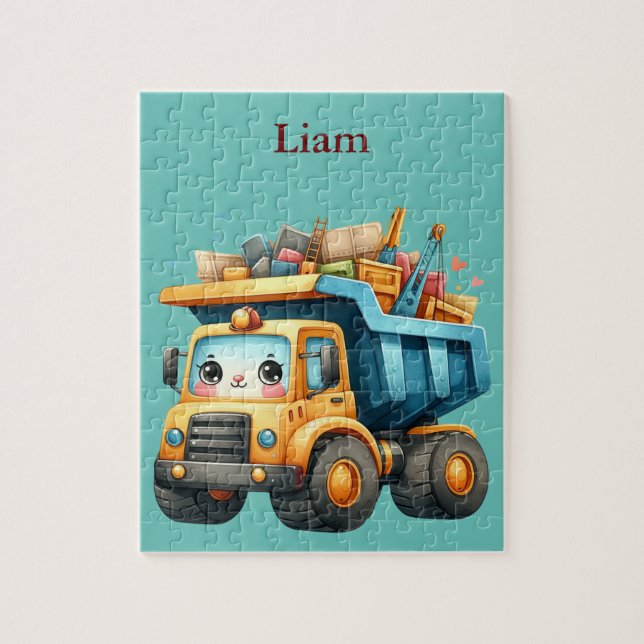 Boy's Personalised dump truck Jigsaw Puzzle (Vertical)