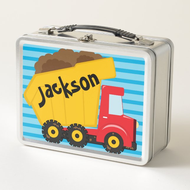 Boys Personalised Dump Truck Metal Lunch Box (Front)