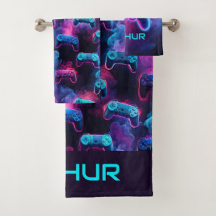 Boys Personalised Gamer Pattern Bath Towel Set