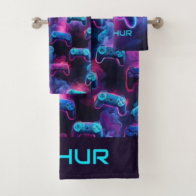Boys Personalised Gamer Pattern Bath Towel Set (Insitu)
